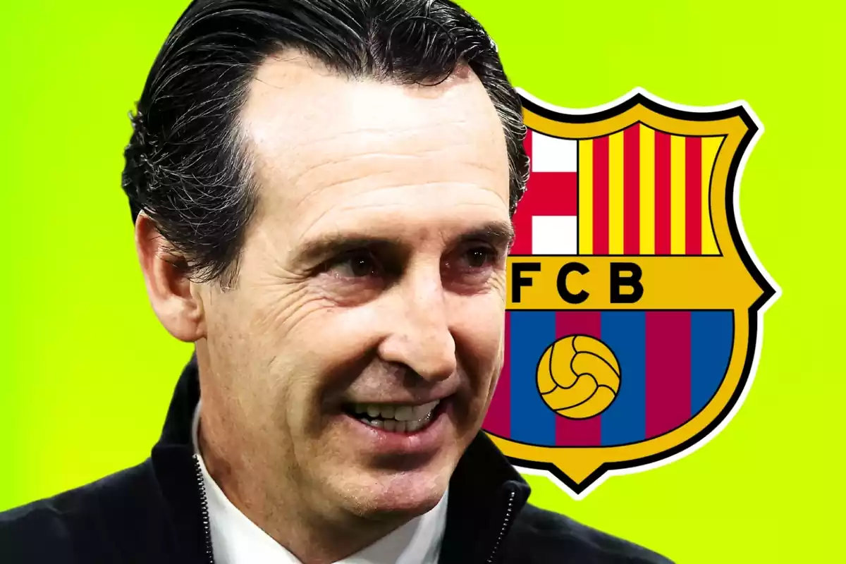 L'entrenador de l'Aston Villa, Unai Emery, en primer pla amb una foto de l'escut del FC Barcelona.