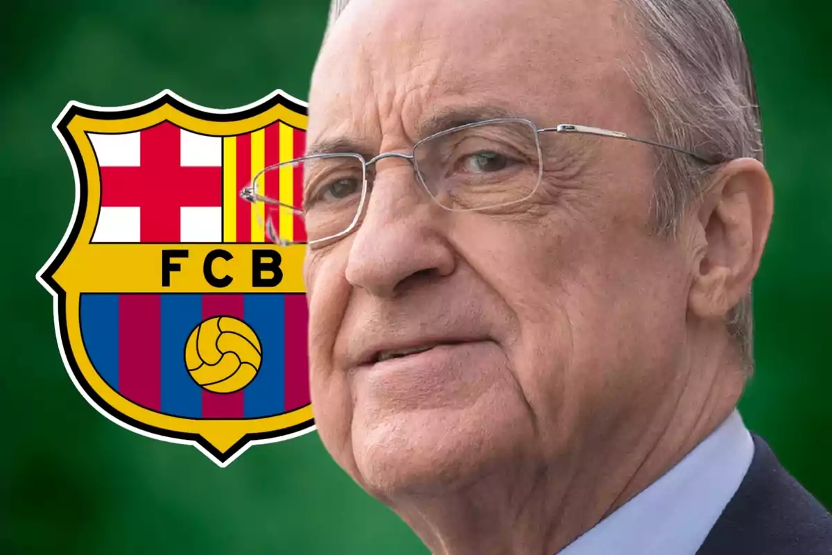 Florentino Pérez al costat d´un escut del FC Barcelona