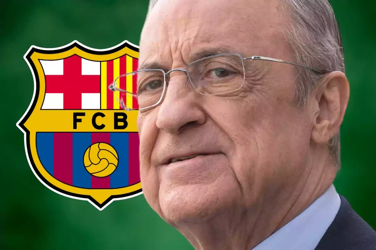 Florentino Pérez next to an FC Barcelona shield