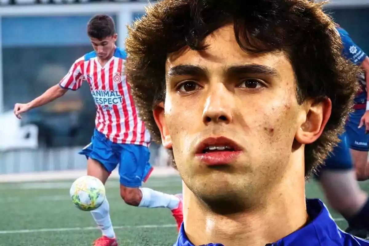 El futbolista portuguès del Barça Joao Félix, en primer pla amb una foto de fons en què s'albira Unai Hernández, futbolista del filial culer.