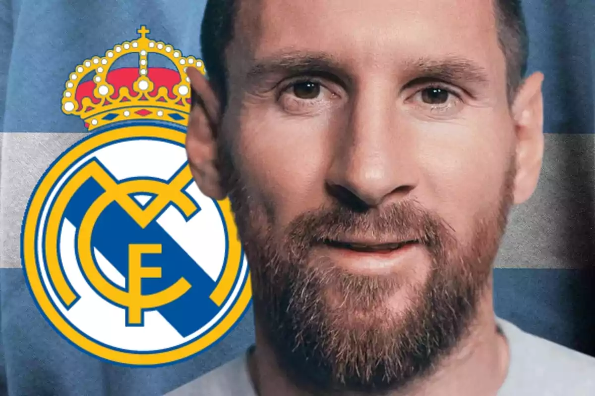 Messi en primer pla amb l'escut del Reial Madrid al costat davant d'una bandera d'Argentina