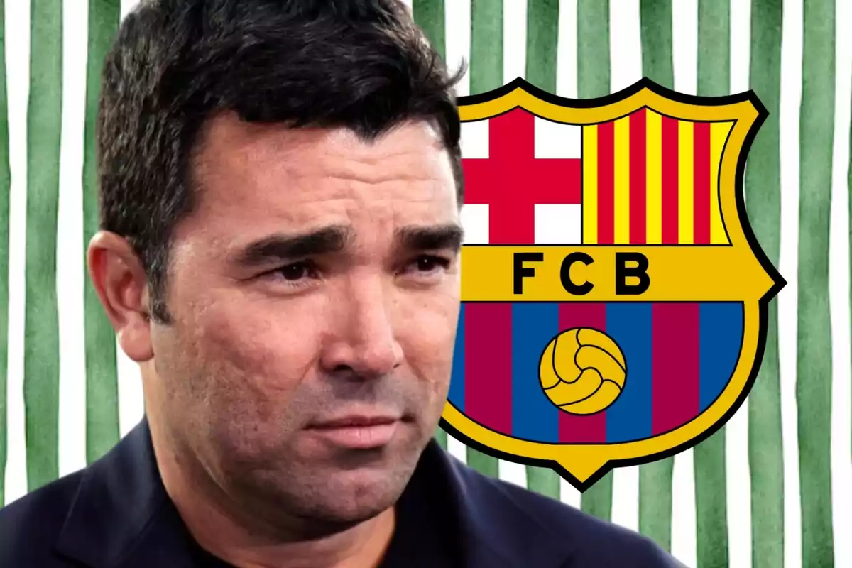 Un home amb expressió seriosa davant d?un fons amb l?escut del FC Barcelona.