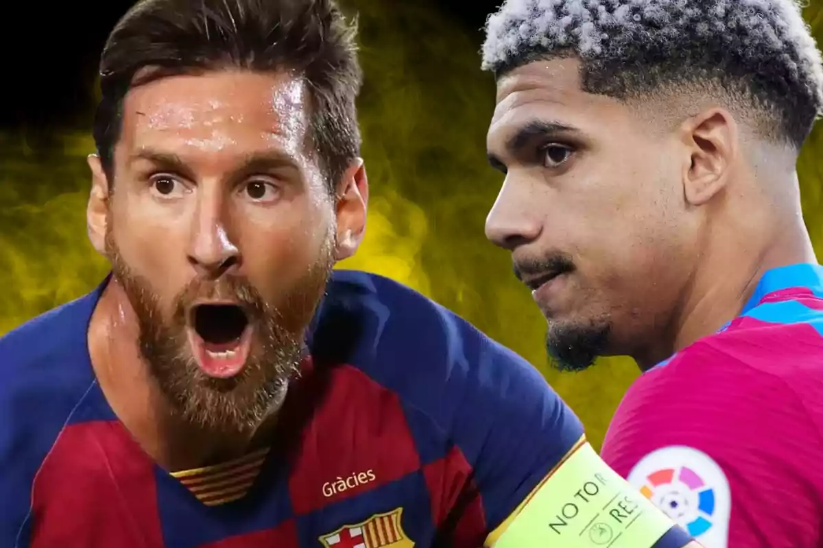 Leo Messi cridant i Ronald Araújo mirant-lo en primer pla