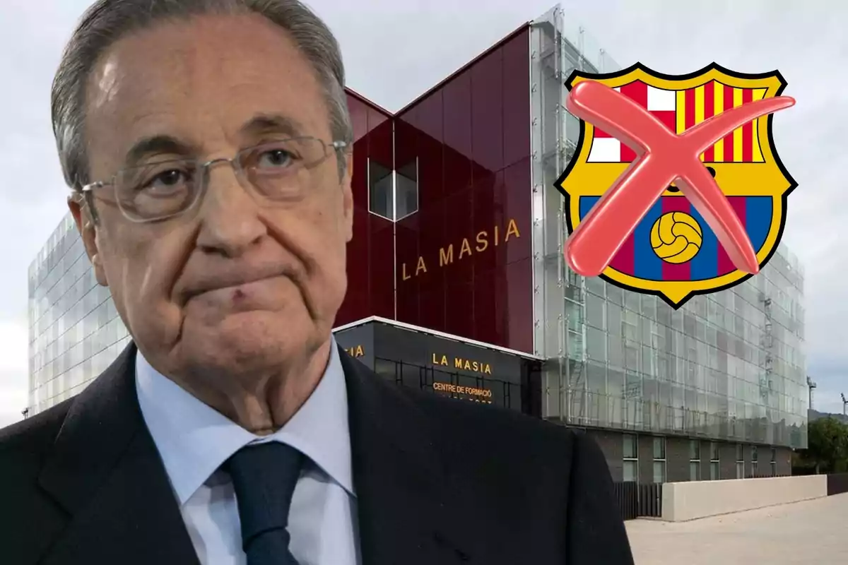 Florentino Pérez i l'escut del Barça titllat en primer pla amb La Masía de fondo