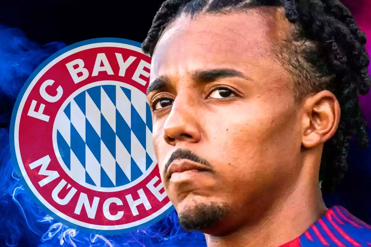 Jules Koundé seriós en primer pla amb l'escut del Bayern Munic de fons