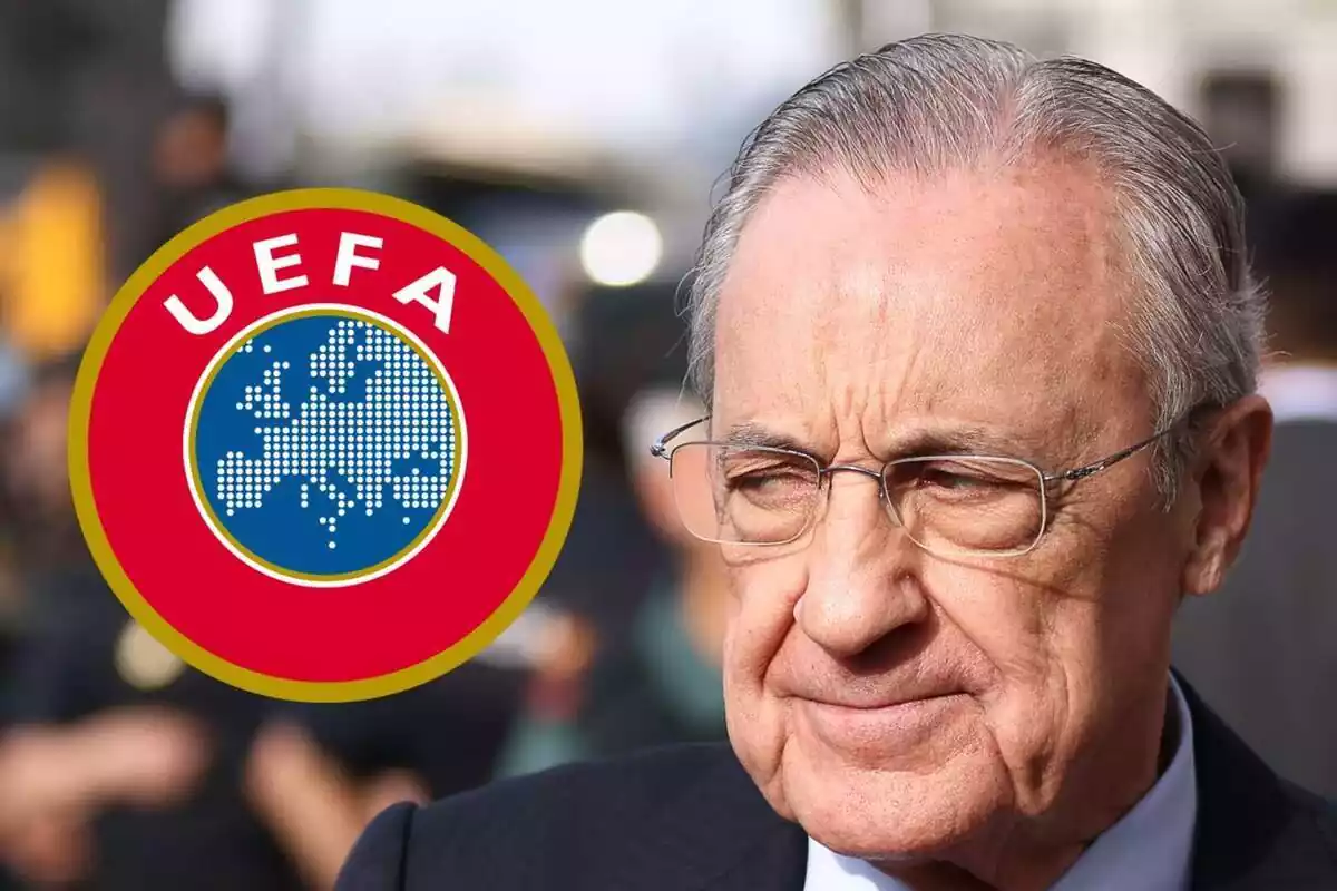 Muntatge de Florentino Pérez mirant amb cara estranyada el logo de la UEFA