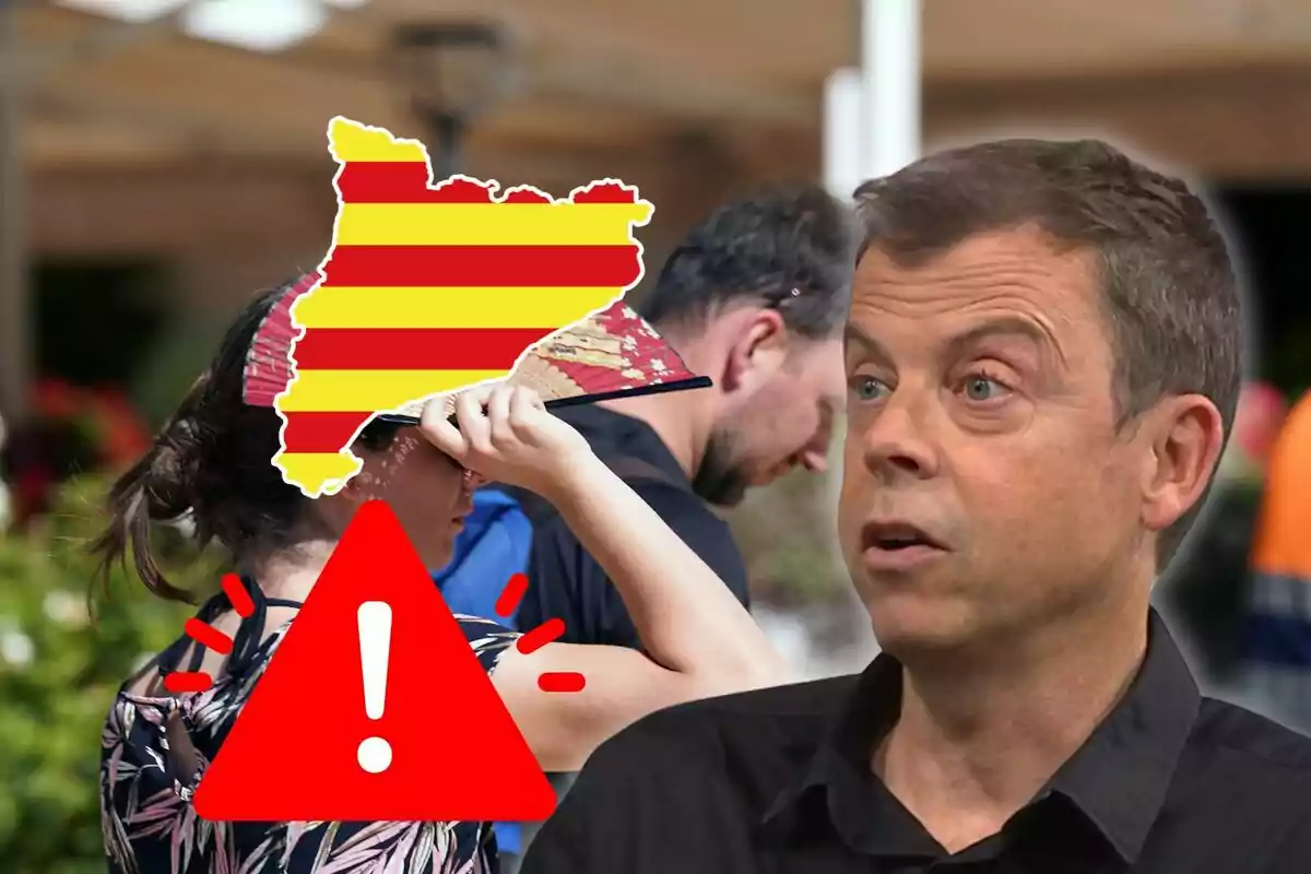 Un home parlant amb una imatge superposada d?una dona ventant-se, un mapa de Catalunya i un símbol d?advertiment.