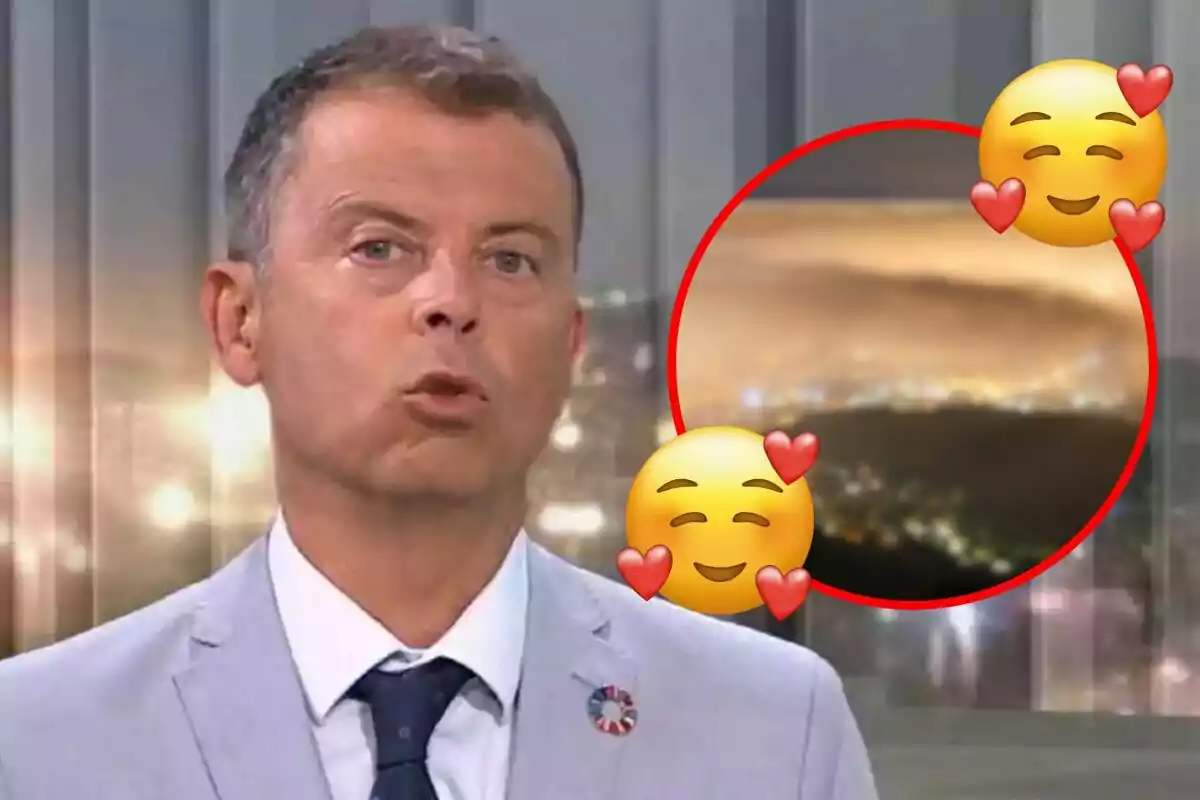 Un presentador de notícies amb un fons borrós i emojis de cares somrients amb cors.