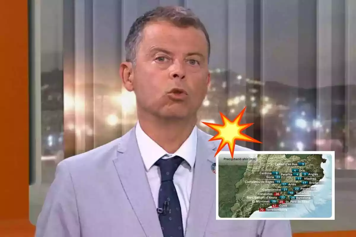 Fotografia de Francesc Mauri a la televisió amb un vestit gris amb una captura d'un tweet on surt la previsió del temps i un emoji d'una explosió