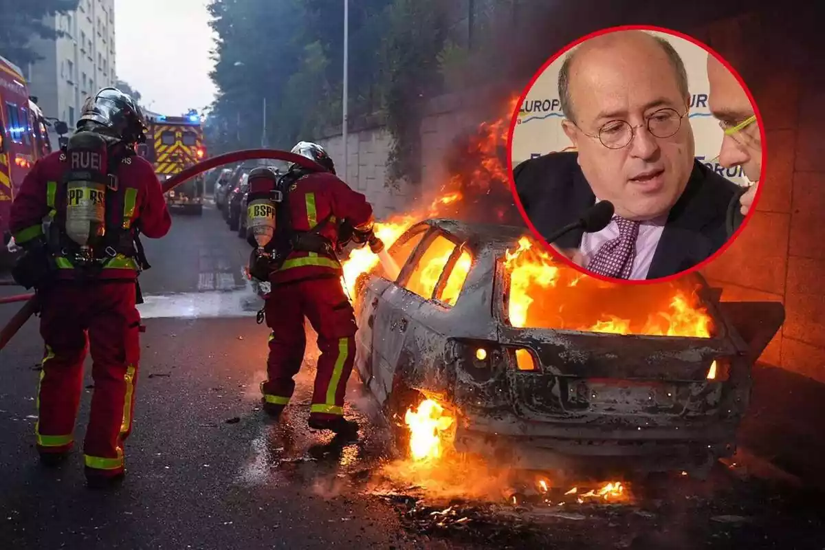 Muntatge amb una foto d'un bomber francès apagant un cotxe en flames i una foto en petit en un primer pla de José Antich