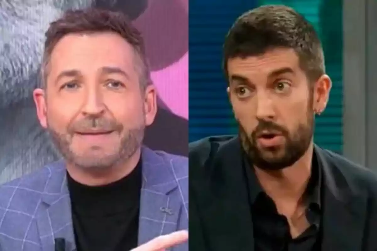 Dos homes en un programa de televisió, Frank Blanco amb jaqueta blava a Tardear i David Broncano amb jaqueta fosca a La Revuelta, tots dos amb expressions facials de conversa.
