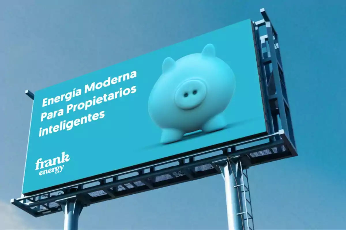 Un cartell publicitari blau amb un porquet i el text "Energia Moderna Per a Propietaris Intel·ligents" de Frank Energy.