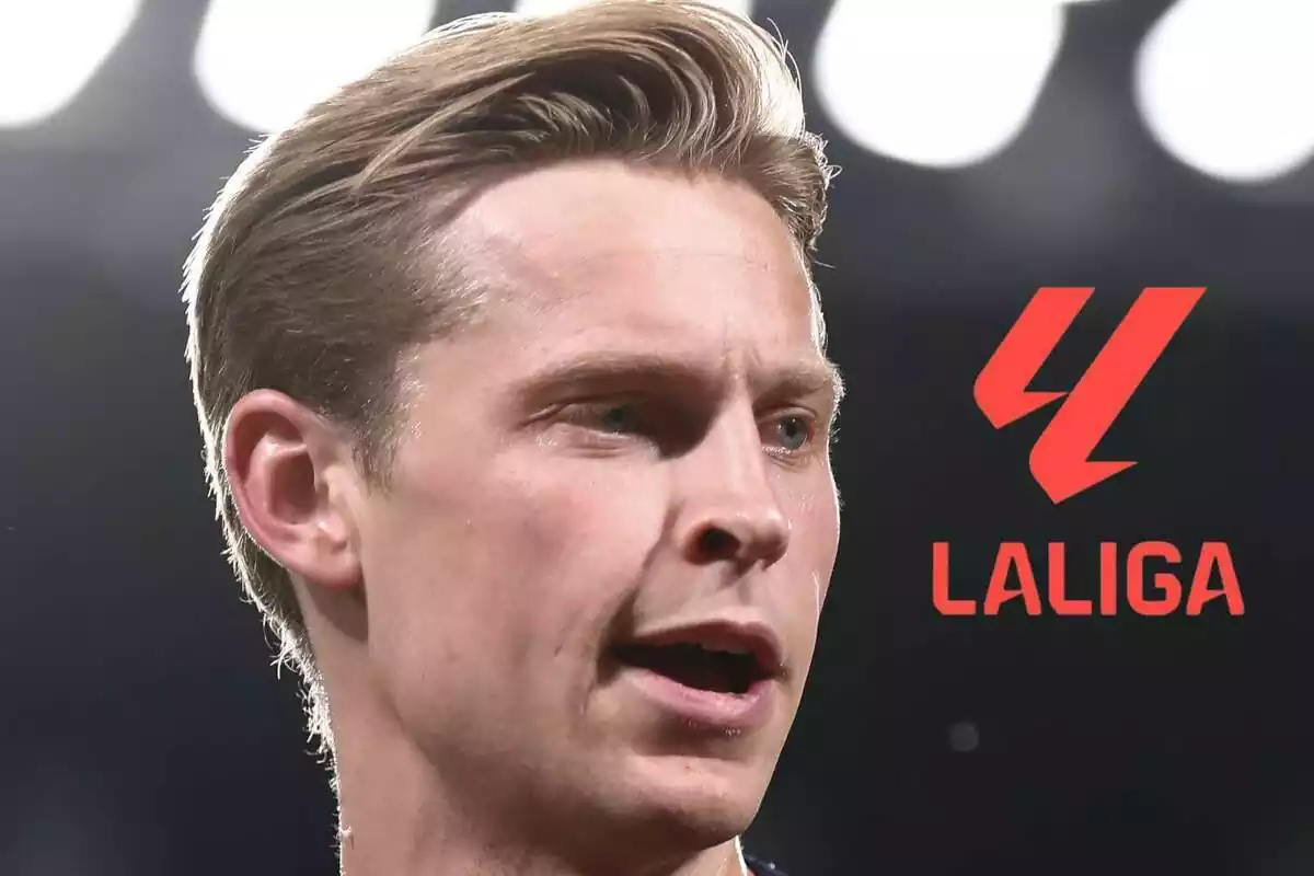 Muntatge de Frenkie de Jong enfadat mirant el nou logo de LaLiga