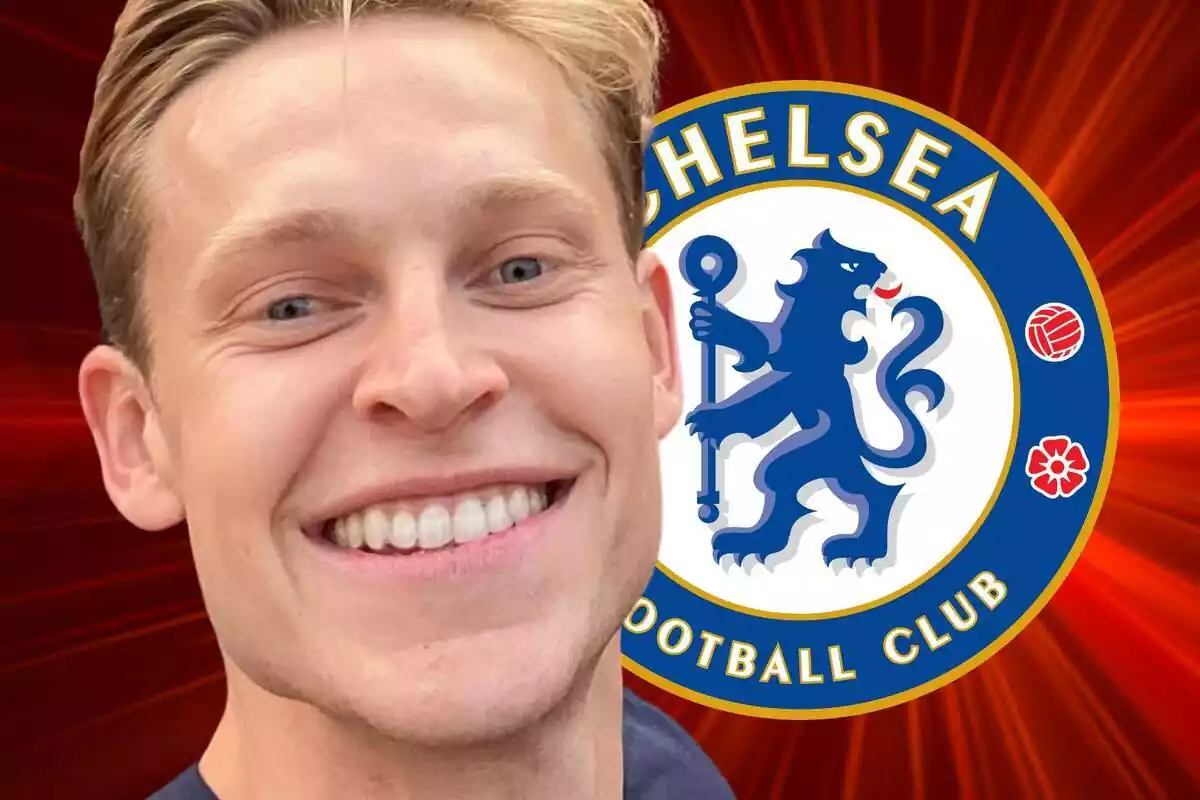 Frenkie De Jong amb un gran somriure al costat de l'escut del Chelsea i un fons vermell