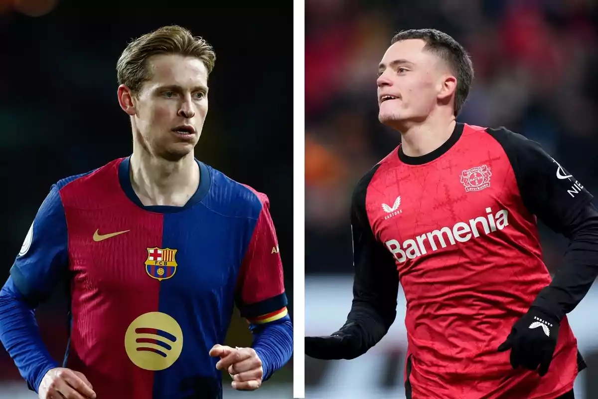 Dos futbolistes amb uniformes dels seus respectius equips, un del Barcelona i l'altre del Bayer Leverkusen, en un muntatge d'imatges costat a costat. Dos futbolistes amb uniformes dels seus respectius equips, un del Barcelona i l'altre del Bayer Leverkusen, en un muntatge d'imatges costat a costat.