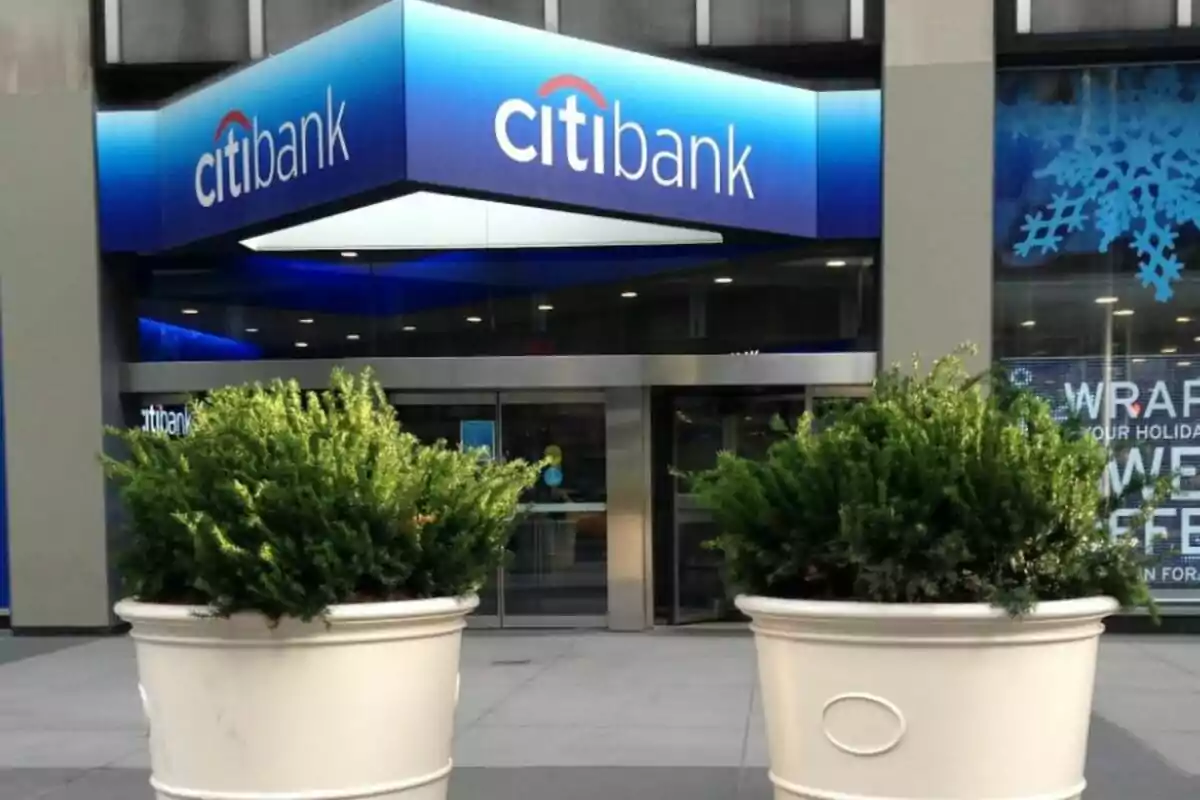 Entrada de una sucursal de Citibank con dos grandes macetas con plantas verdes al frente.