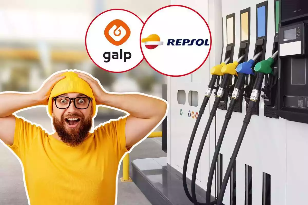 Muntatge amb una imatge de fons d'una benzinera, i dues imatges amb els logos de Galp i Repsol, juntament amb la imatge d'un home vestit de groc i amb gest de sorpresa