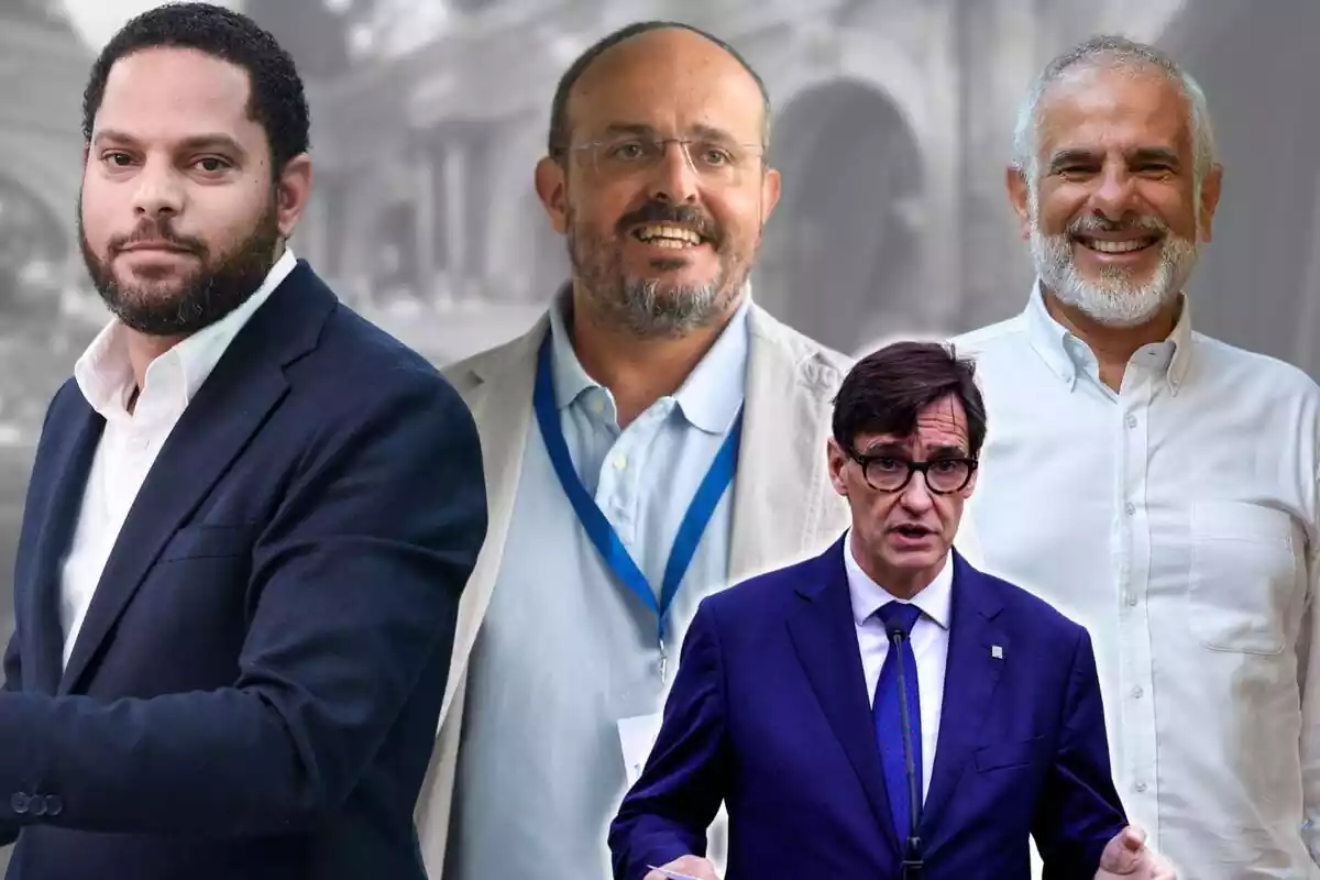 Muntatge amb un pla mitjà d'Ignacio Garriga mirant a càmera, Alejandro Fernández somrient i Carlos Carrizosa també somrient. Més petit, un altre pla mitjà de Salvador Illa amb cara de preocupació