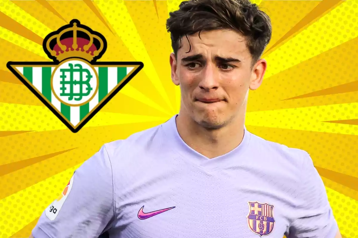 Un jugador de futbol amb la samarreta del FC Barcelona apareix en primer pla, amb l'escut del Real Betis Balompié al fons sobre un disseny de raigs grocs.