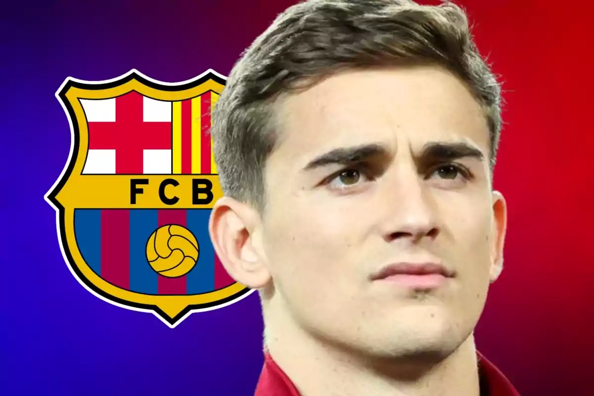 A young man with a serious expression in front of the FC Barcelona crest against a blue and red background.