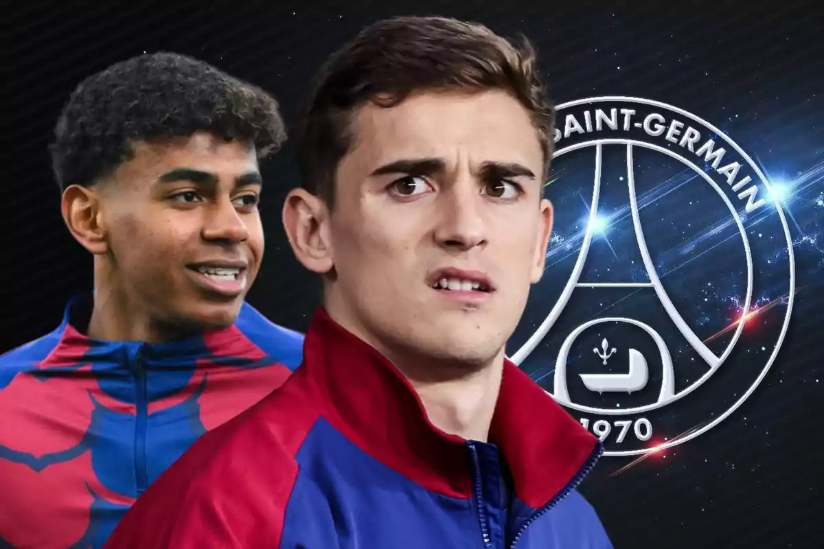 Dos futbolistes amb jaquetes blaugrana apareixen en primer pla amb l’escut del PSG de fons sobre un disseny fosc i brillant.