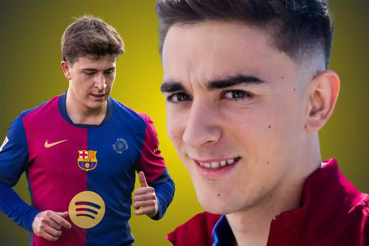 Un jugador de futbol amb la samarreta del FC Barcelona i un fons groc.