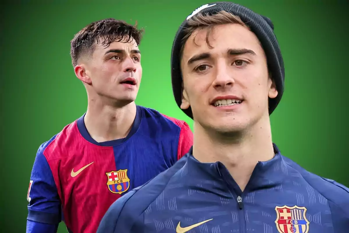 Two players in FC Barcelona uniforms on a green background.