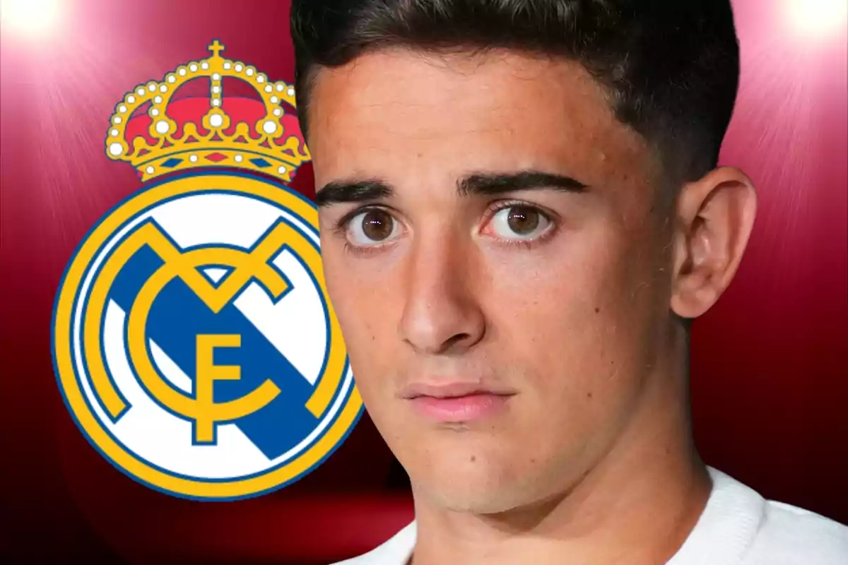 A young man with a serious expression in front of the Real Madrid logo on a red background.