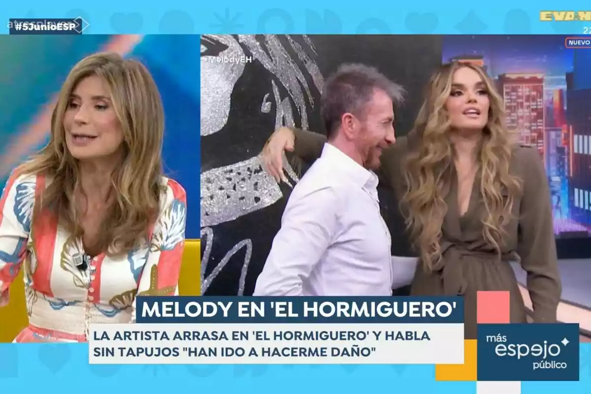 Gema López apareix a l'esquerra mentre a la dreta es mostra la Melody amb el braç sobre Pablo Motos a 'El Hormiguero', amb un rètol que diu Melody a El Hormiguero i un text sobre l'artista parlant sense embuts. Gema López apareix a l'esquerra mentre a la dreta es mostra la Melody amb el braç sobre Pablo Motos a 'El Hormiguero', amb un rètol que diu Melody a El Hormiguero i un text sobre l'artista parlant sense embuts.