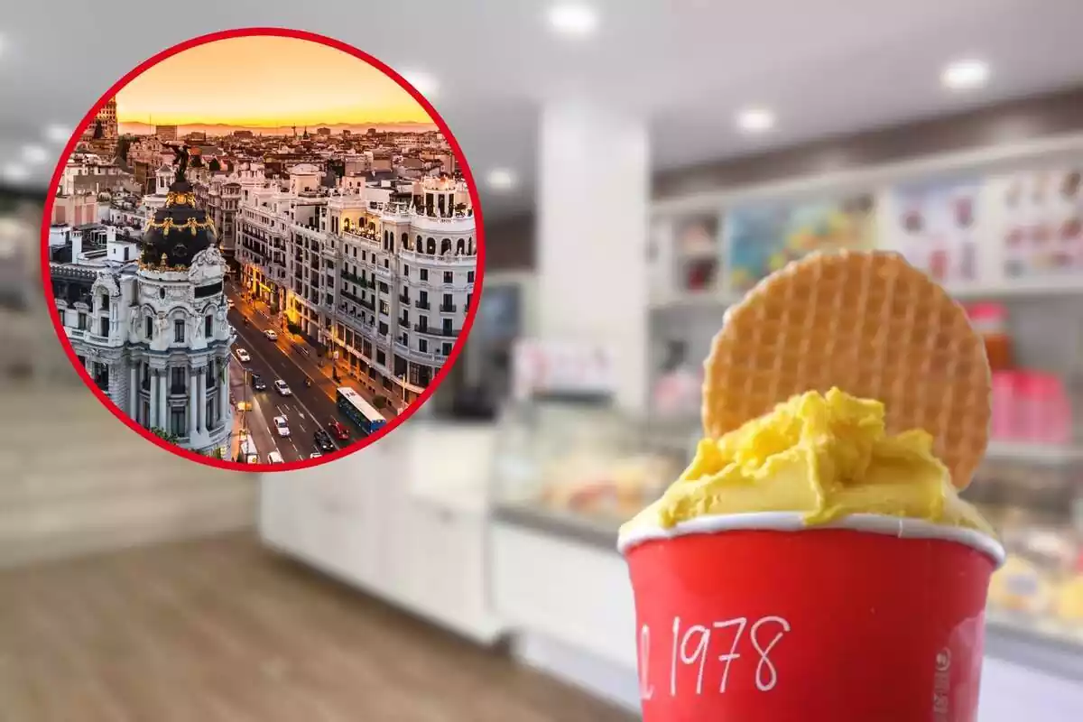 Muntatge de gelat de terrina a nova botiga de la gelateria Gelati Dino a Madrid i cercle amb vista aèria de Madrid.