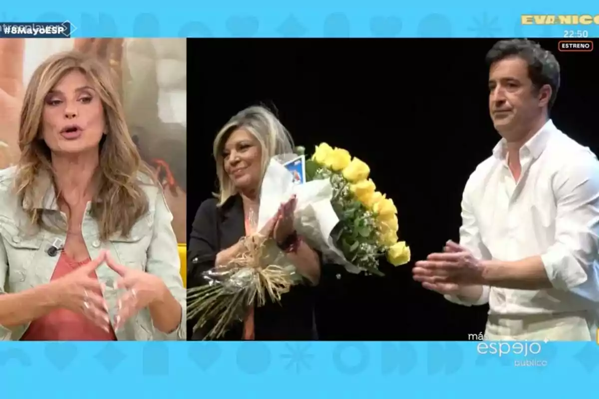 Gema López a 'Espejo Públic' parla mentre en una altra escena Terelu Campos sosté un ram de flors grogues i una altra aplaudeix. Gema López a 'Espejo Públic' parla mentre en una altra escena Terelu Campos sosté un ram de flors grogues i una altra aplaudeix.