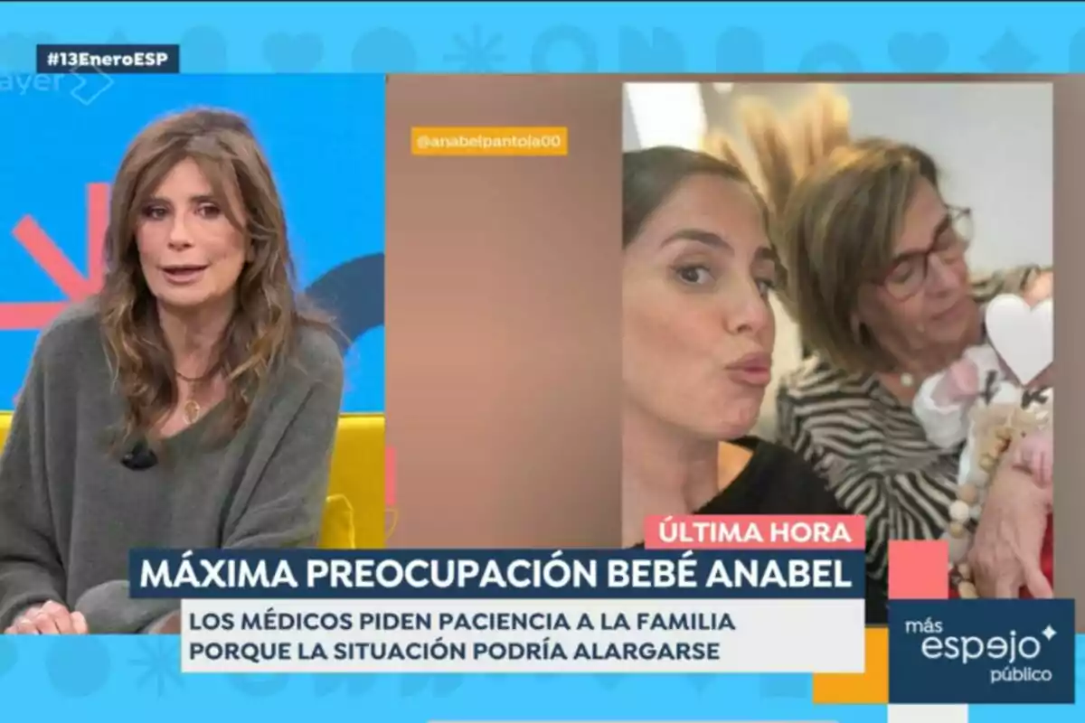 Gema López en Espejo Público junto a una imagen de dos personas, Anabel Pantoja y su madre Merchi sosteniendo a un bebé, con un texto que indica preocupación por la salud del bebé.