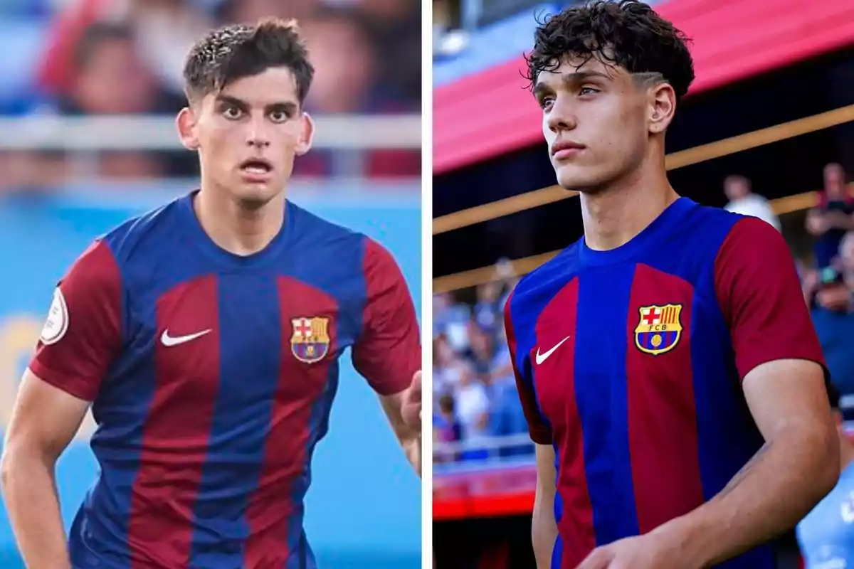 Dos jugadors de futbol amb samarretes del FC Barcelona a un camp de joc.