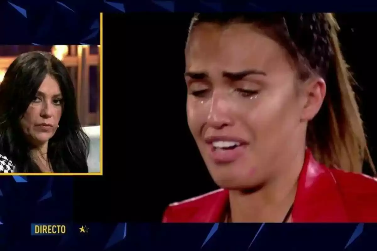 Maite Galdeano appears in a box on the left with a serious expression, while on the right Sofia Suescun is shown crying with her eyes closed and a sad expression. Maite Galdeano appears in a box on the left with a serious expression, while on the right Sofia Suescun is shown crying with her eyes closed and a sad expression.