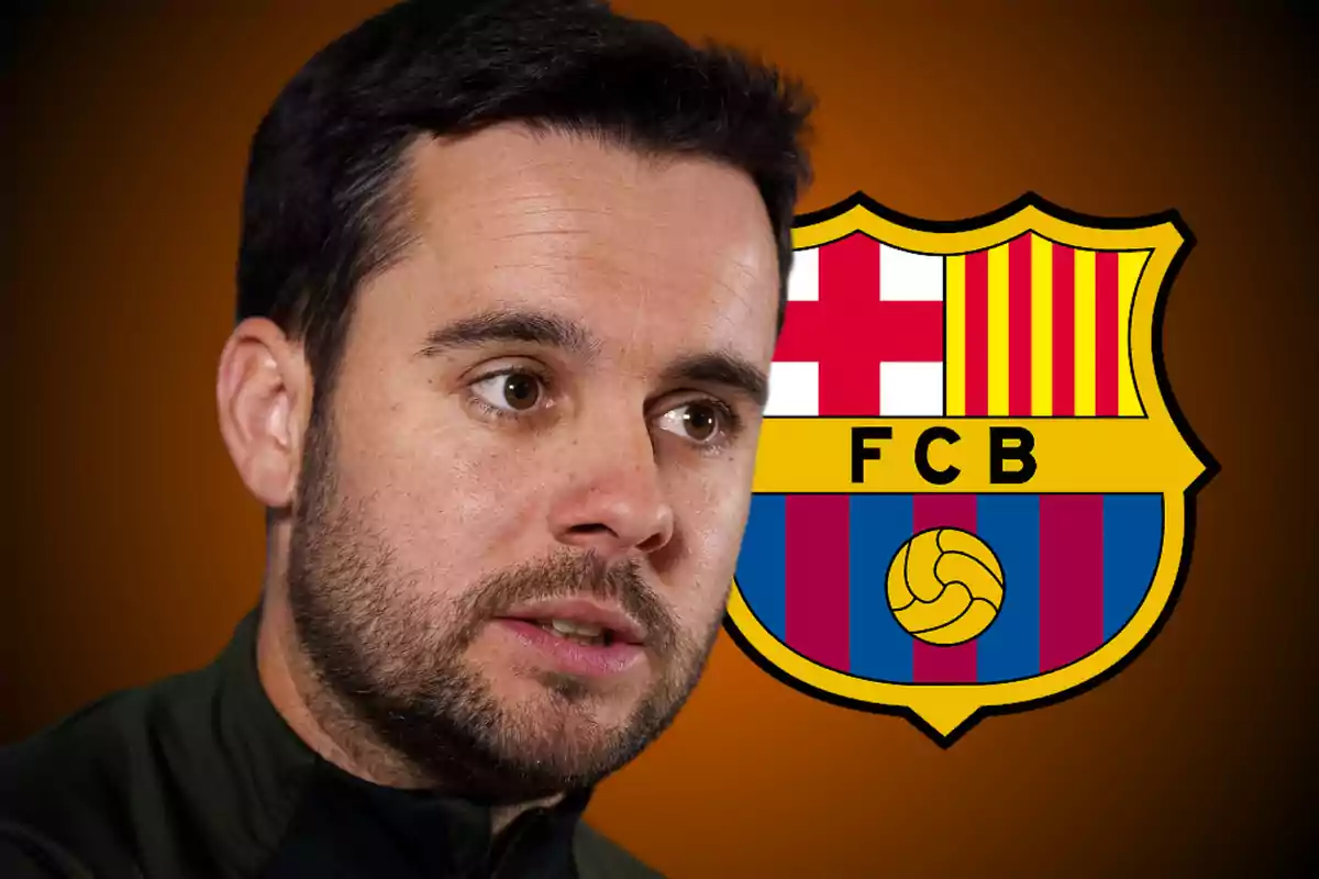 Dark-haired man with a beard in front of the FC Barcelona crest against an orange background