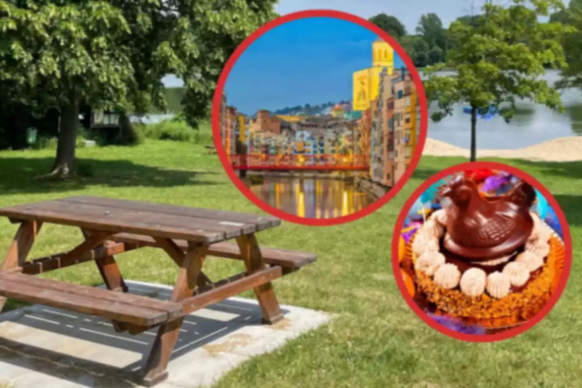 Una taula davant d´un llac i una imatge de Girona i una altra d´una mona de pasqua