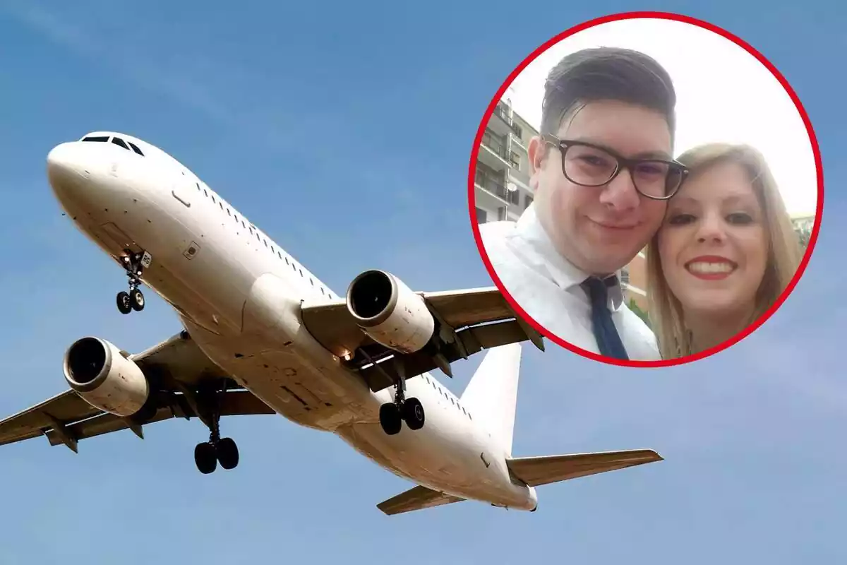 Imatge de fons d'un avió al cel i una altra d'una parella, Giuseppe Stilo i la dona