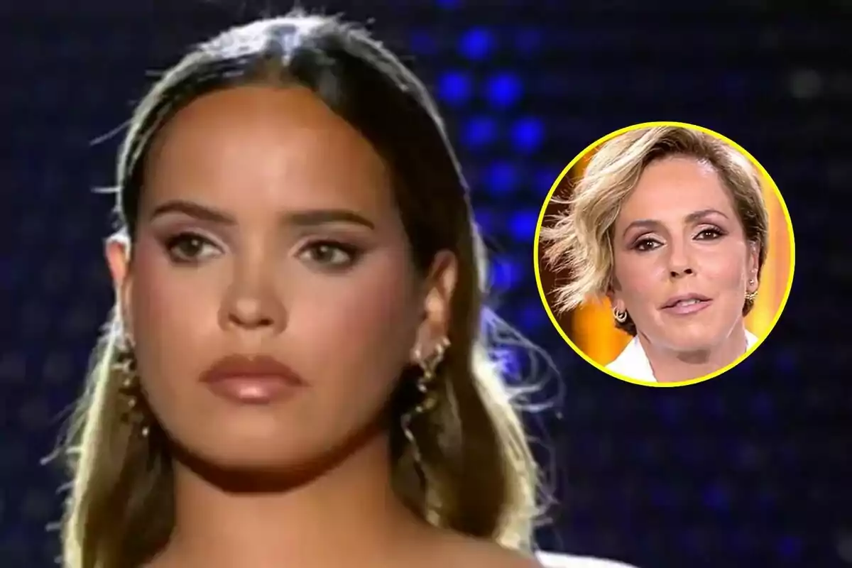 Gloria Camila jove amb expressió seriosa a De Viernes en primer pla i un requadre circular amb Rocio Carrasco de cabell curt al fons.