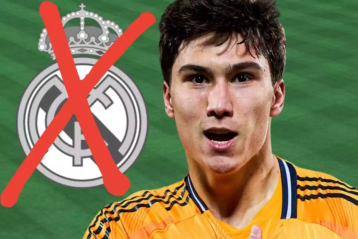 Un jugador de futbol amb una samarreta taronja apareix davant d'un logotip del Reial Madrid que té una gran X vermella sobre ell. Un jugador de futbol amb una samarreta taronja apareix davant d'un logotip del Reial Madrid que té una gran X vermella sobre ell.