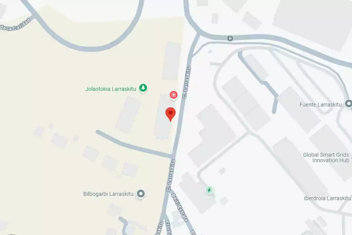 Mapa d’una zona urbana amb la ubicació marcada a prop del carrer Larraskitu de Bilbao i diversos punts d’interès com Jolastokia Larraskitu i Global Smart Grids Innovation Hub. Mapa d’una zona urbana amb la ubicació marcada a prop del carrer Larraskitu de Bilbao i diversos punts d’interès com Jolastokia Larraskitu i Global Smart Grids Innovation Hub.