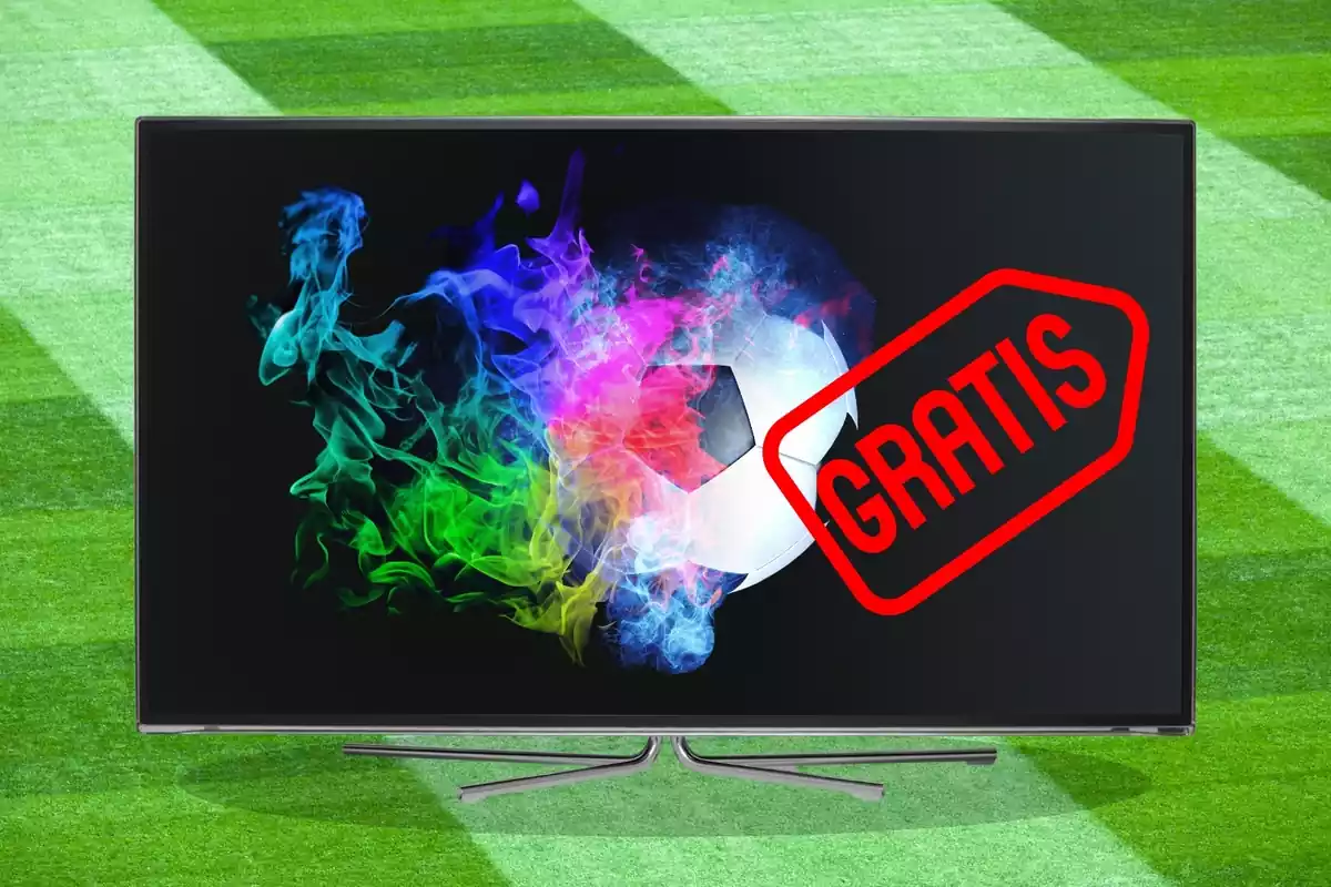 Imatge d'una pilota de futbol de colors dins d'una TV amb el símbol gratuït al costat