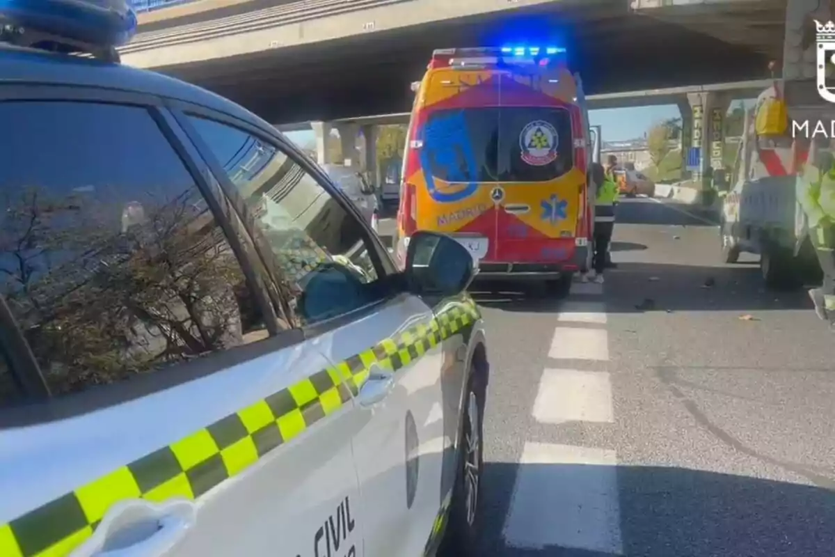 Vehicles d'emergència a una carretera sota un pont.