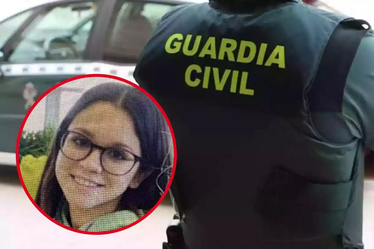 Imatge de fons d´un agent de la Guàrdia Civil al costat d´un cotxe oficial i en primer pla una fotografia d´una jove anomenada Marta, desapareguda a Mallorca, Inca