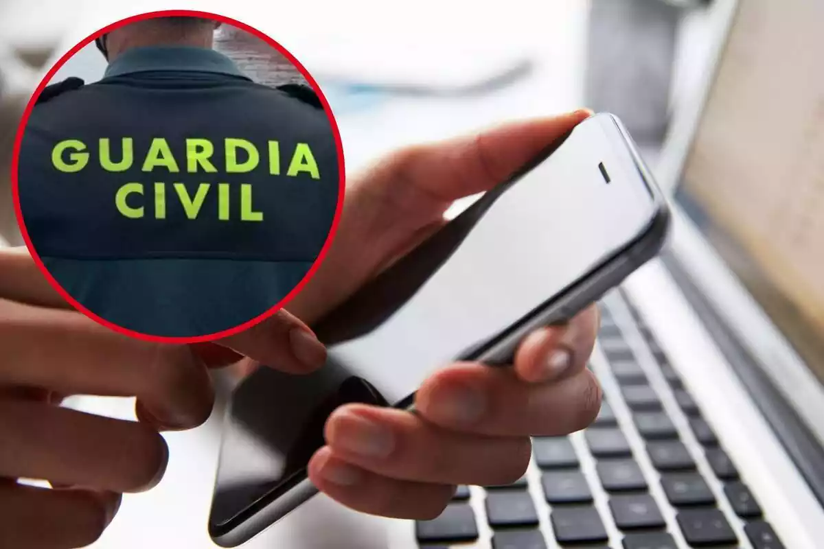 Imatge de fons d'una persona amb un mòbil a la mà i un portàtil i una altra imatge d'un agent de la Guàrdia Civil d'esquena