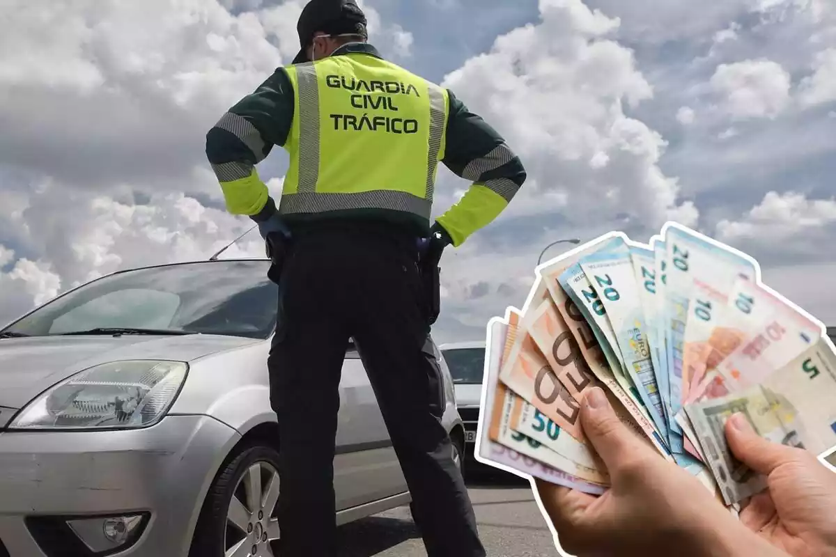 Imatge d'un cotxe amb un agent de la Guàrdia Civil i una altra de diversos bitllets d'euros