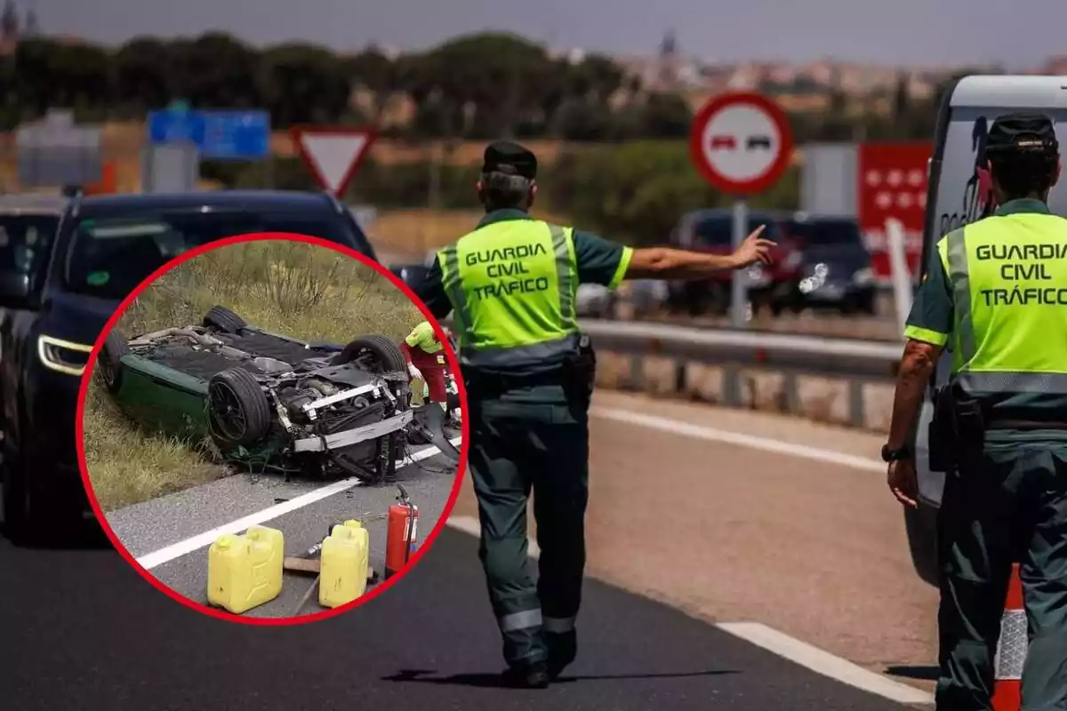 Muntatge amb dos guàrdies civils de trànsit i un cercle amb un accident de trànsit