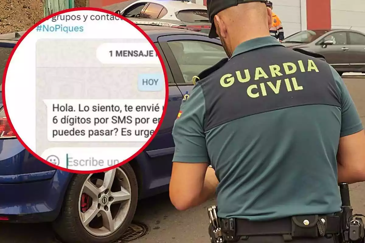 Imatge de fons d'un agent de la Guàrdia Civil amb un cotxe i una altra imatge d'un missatge de WhatsApp