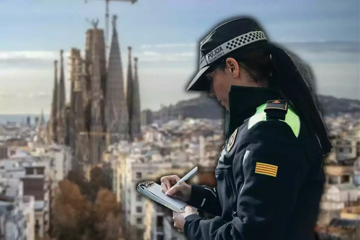 Una agente de policía toma notas en un bloc mientras está de pie frente a la Sagrada Familia en Barcelona.