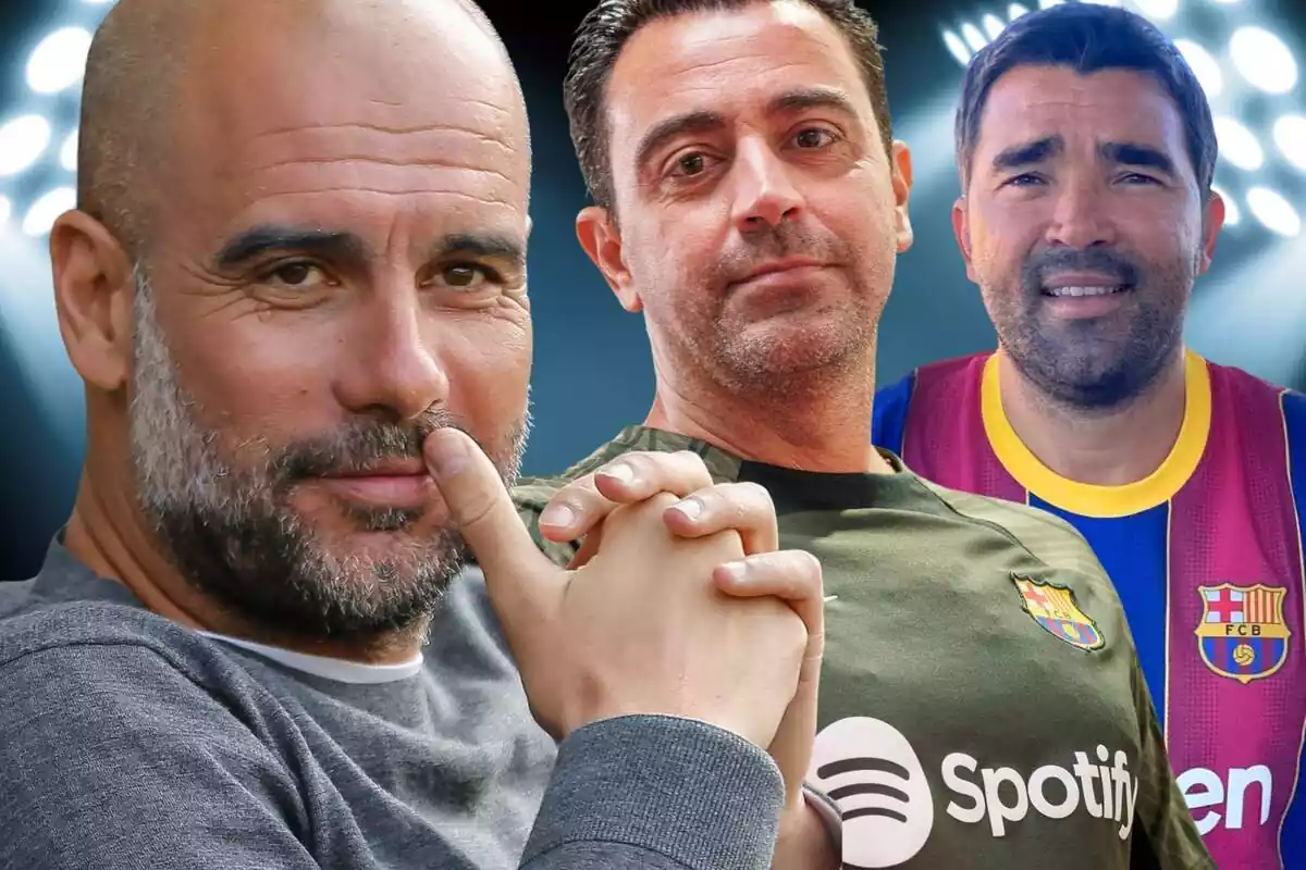 Pep Guardiola amb la mà a la boca amb Xavi Hernández i Deco al fons