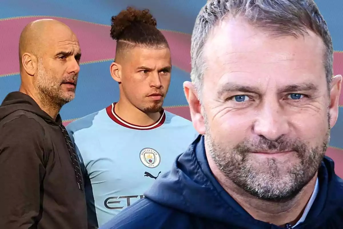 Hansi Flick en primer pla amb una foto de Pep Guardiola i Kalvin Phillips.